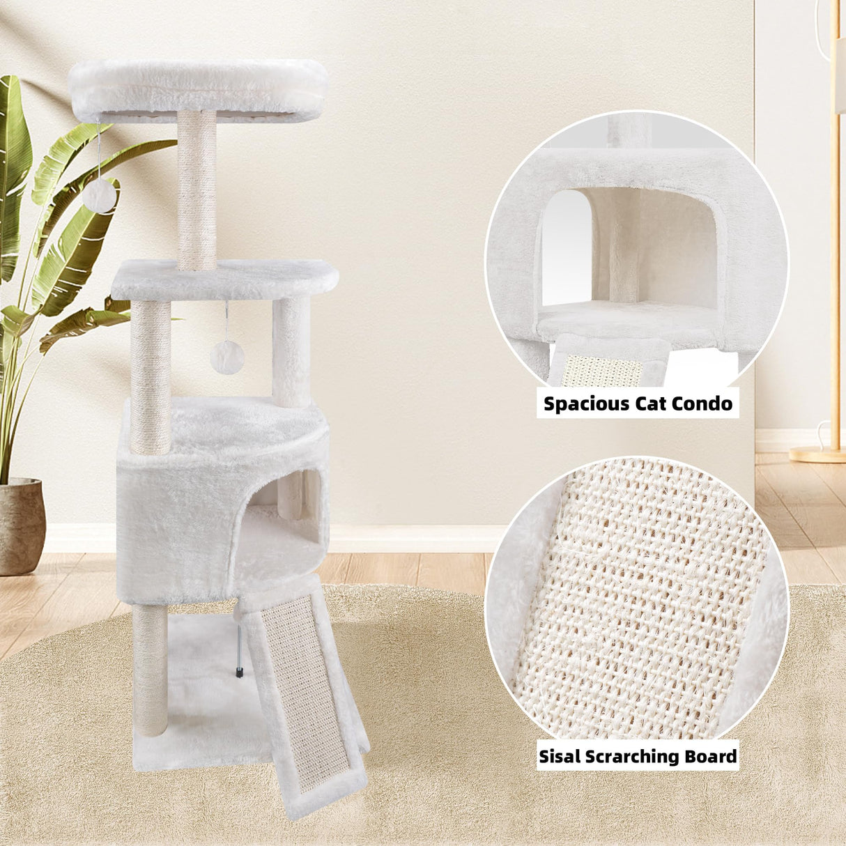 HUITREE 45in Cat Tree Tower with Big Cat Condo for Indoor Cats,Cat Tower Activity Center Cat Furniture with Scratching Post and Hanging Bed,Beige HUITREE
