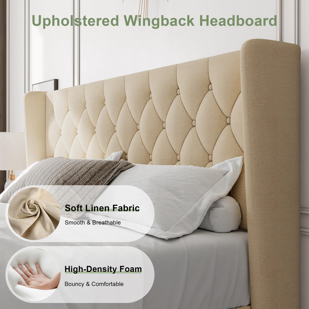 Feonase King Size Bed Frame with Wingback Tufted Headboard, Upholstered Platform Bed Frame with Heavy Duty Wooden Slats Support, Noise-Free, No Box Spring Needed, Easy Assembly, Beige Feonase