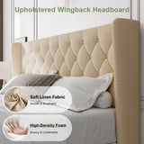 Feonase King Size Bed Frame with Wingback Tufted Headboard, Upholstered Platform Bed Frame with Heavy Duty Wooden Slats Support, Noise-Free, No Box Spring Needed, Easy Assembly, Beige Feonase