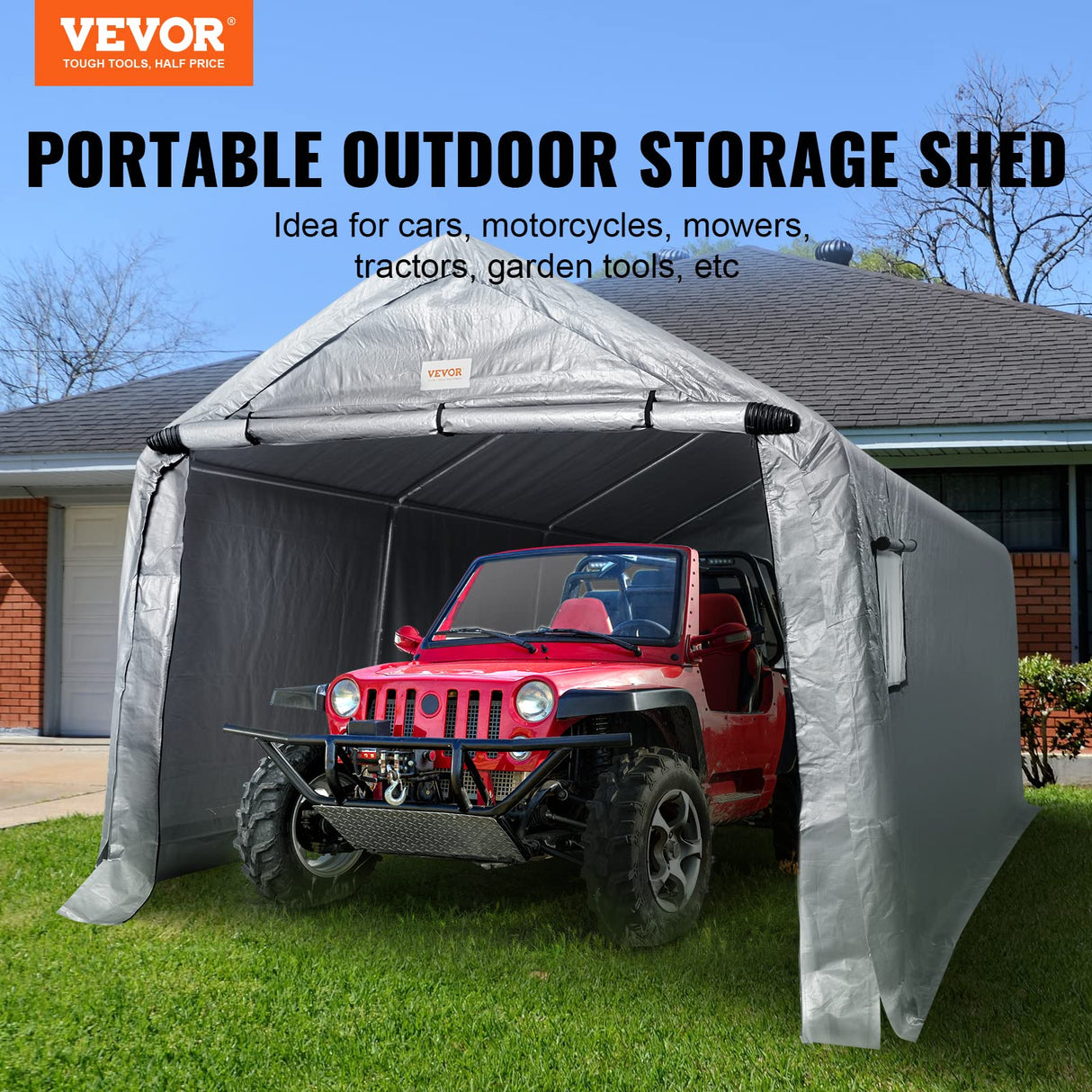 VEVOR 10x15 ft Instant Garage Portable Carport Car Canopy, Outdoor Portable Storage Shed with Roll-up Zipper Door and Ventilated Windows for Cars, Garden Tools VEVOR