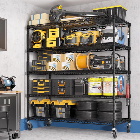 PrimeZone 48" W x 24" D x 81" H Heavy Duty Wire Storage Shelves with Wheels, 5 Tier Adjustable NSF Certified Garage Shelving Unit, Rolling Metal Organizer Shelf Utility Rack for Warehouse, Pantry PrimeZone