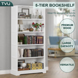 TVU 5-Tier Wooden Book shelf, 65"H × 31.5"W × 9.9“D Bookshelf with Storage, Floor-Standing Display Bookcase, Farmhouse Style Bookshelf with Arched Base, Suitable for Living Room, Study, Office, White TVU