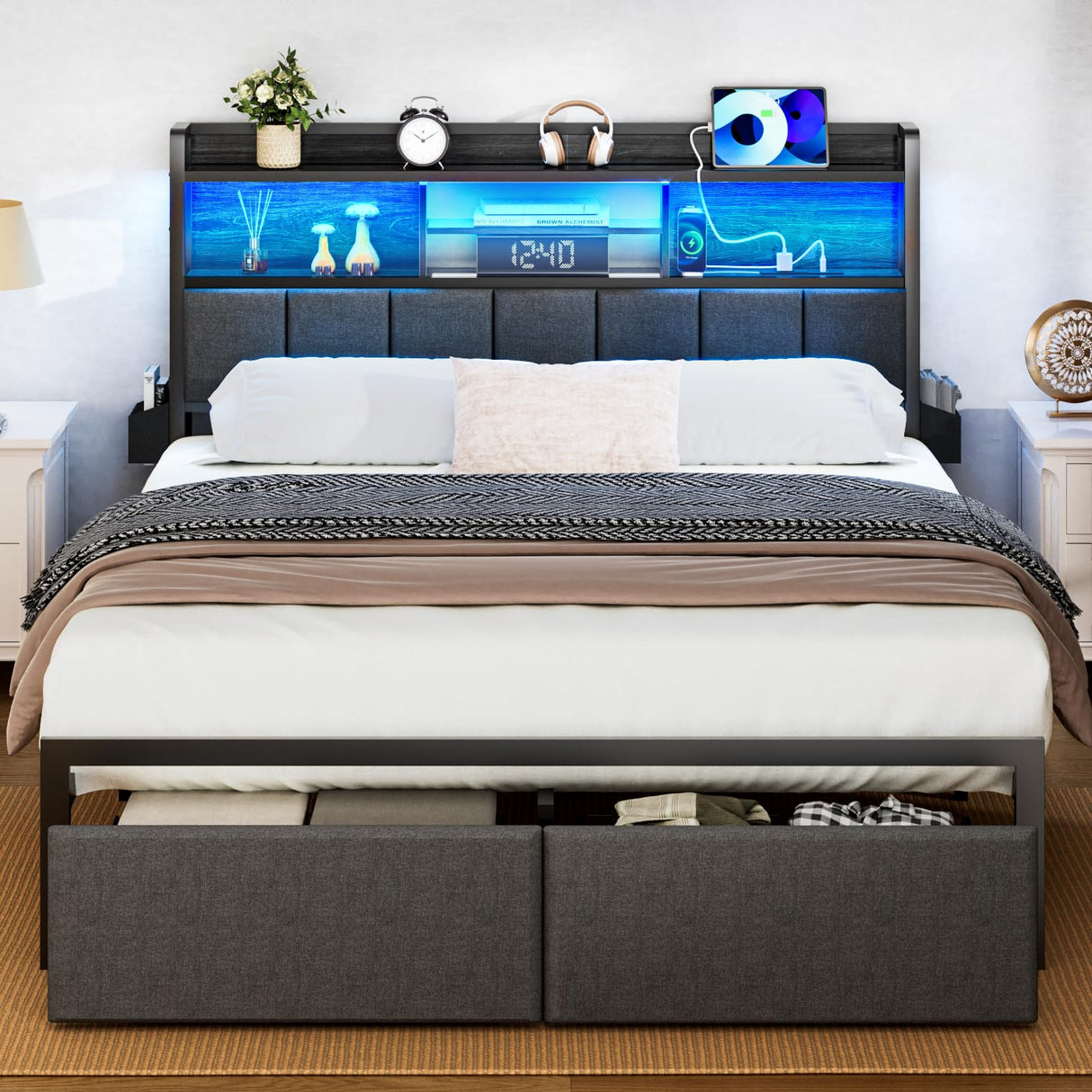 Furnulem Full Size Bed Frame with Headboard, Bed Frame Full Size with Storage Drawers, Charging Station and LED Lights, Metal Platform No Box Spring Needed, Upholstered Headboard, Noise Free, Black Furnulem