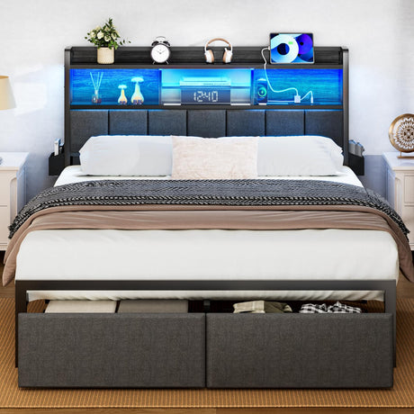 Furnulem Full Size Bed Frame with Headboard, Bed Frame Full Size with Storage Drawers, Charging Station and LED Lights, Metal Platform No Box Spring Needed, Upholstered Headboard, Noise Free, Black Furnulem