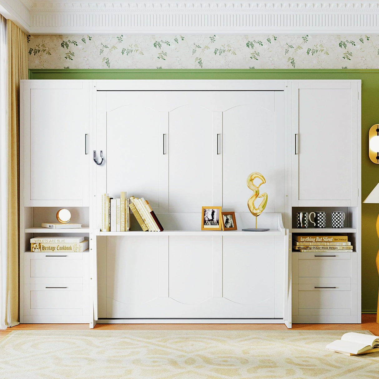 Brabrety Queen Size Murphy Bed Wall Bed with Desk and Closet,Drawers and Shelves,for Small Spaces Studio Study Office Guest Room Use (White#Desk, Queen) Brabrety