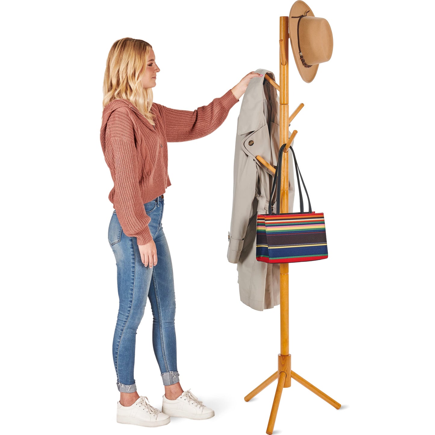 ZOBER Coat Rack Free Standing - Wooden Coat Tree W/ 6 Hooks - Coats, Purses, Hats - Adjustable Sizes, Easy Assembly - Natural - WoodArtSupply