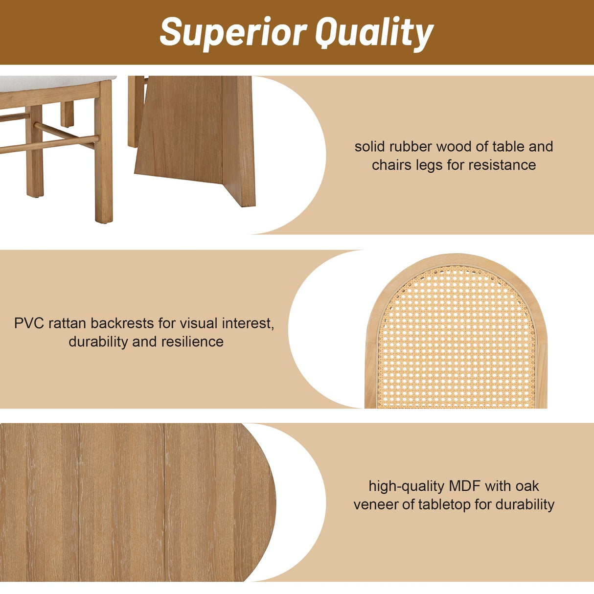 VilroCaz 5-Piece Retro Functional Dining Set, Solid Wood Extendable Dining Table with 4 Upholstered Chairs and Rattan Backrests, Round Dining Table Set for Dining Room Kitchen (Natural-7.7) VilroCaz