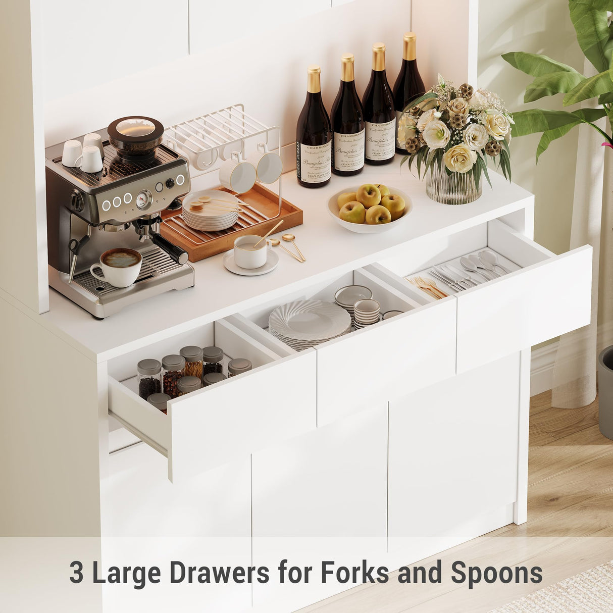 IDEALHOUSE Kitchen Pantry Storage Cabinet with Charging Station，70" Tall Farmhouse Kitchen Hutch Cabinet with Microwave Stand,Pantry with Drawers,Shelves for Living Room, Dining Room,White IDEALHOUSE