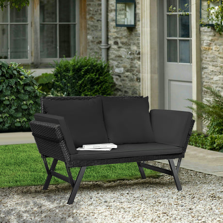 Greesum Outdoor Sofa, Woven Rattan Patio Furniture, Convertible Daybed or Double Chair with Adjustable Armrests, Cushions and Pillows for Yard, Porch, Pool, Black Lounger & Black Pillowcase Greesum