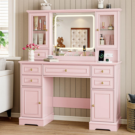 BORNOON Vanity Desk with Lights, Large LED Mirror with 3 Color Modes, Makeup Vanity with Power Outlet & USB Ports, 6 Drawers & 2 RGB Glass Cabinets, Farmhouse Dressing Table for Women & Girls (Pink) BORNOON