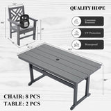 HDPE Outdoor Dining Set,10-Piece Outdoor Table and Chairs Include 8 Dining Chairs and 2 Pcs 62.5" Patio Dining Table with Umbrella Hole (Gray) AZXZCS