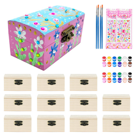 MicoSim 12 PCS Wooden Box,Treasure Chest with 12 Color Paints,12 PCS Unfinished Unpainted Wood Box with 2 Diy Adhesive Drilles,Small Wooden Box for Keepsake Boxes, Jewelry Box MicoSim