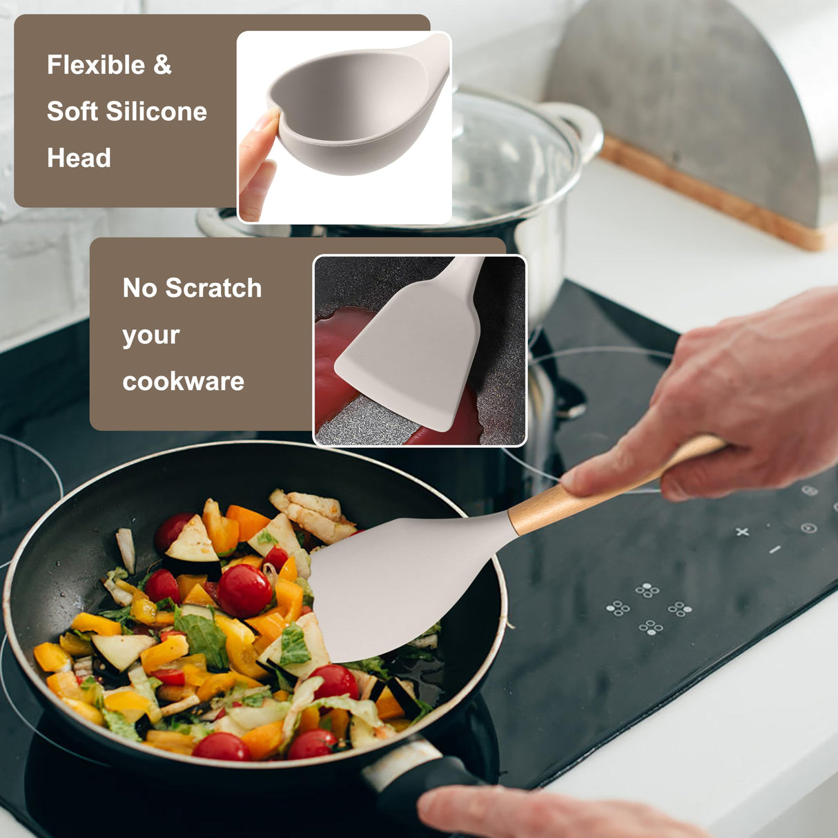 E-far Silicone Cooking Utensils Set, 10-Piece Heat Resistant Kitchen Utensils Set with Wooden Handle for Nonstick Cookware, Kitchen Nonstick Tools Spatula Whisk Tongs Ladle, Non-toxic & Healthy(Khaki) E-far