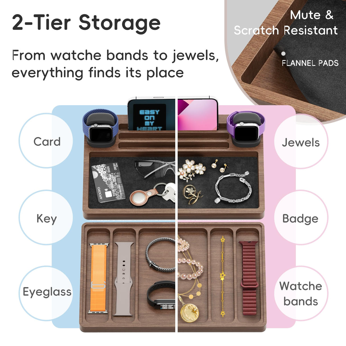 AFOOYO 2 Tier Wood Watch Band Organizer - Charger Stand Compatible with All Apple Watch Series and Stackable Bands Display Watches Storage Case Tray(Walnut) AFOOYO