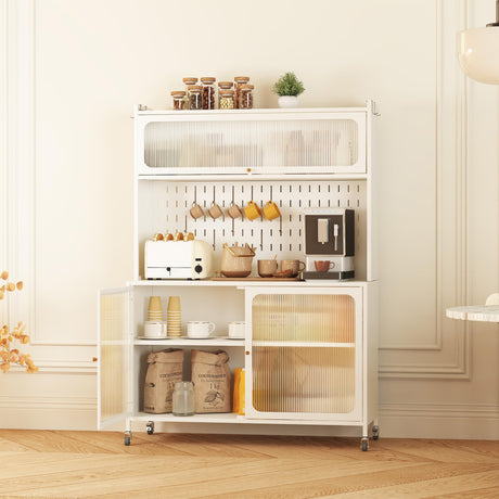 VIYET Kitchen Bakers Rack with Flip Door Cabinet, Metal Microwave Stand with Storage Cabinet and Metal Pegboard Panels for Kitchen, Pantry, Home(White) VIYET