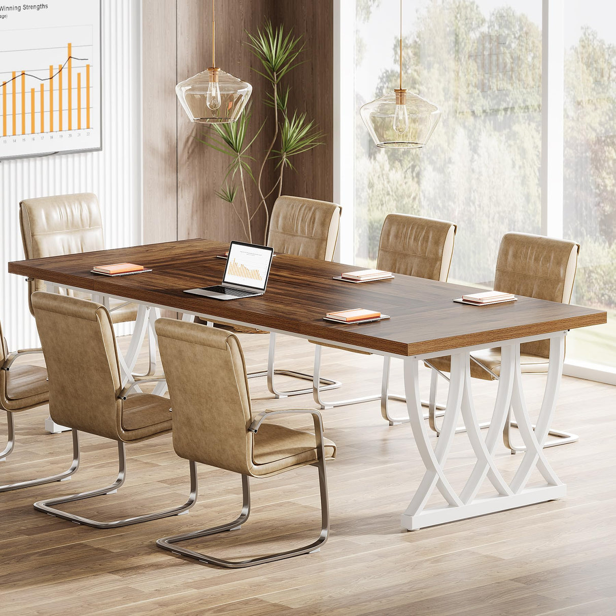 Tribesigns 6 ft Conference Table for 6-8 People, 70.86-Inch Rectangle Conference Table Meeting Seminar Table with Unique Curved Metal Support for Home Office (Retro Brown & White, Without Chair) Tribesigns