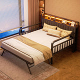 Daybed with Trundle and LED Light, Heavy Duty Metal Full Bed Frame with Upholstered Storage Headboard & Charging Station, Day Bed Pop Up Trundle Bed for Living Room,Bedroom and Guest Room, Brown Jocoevol