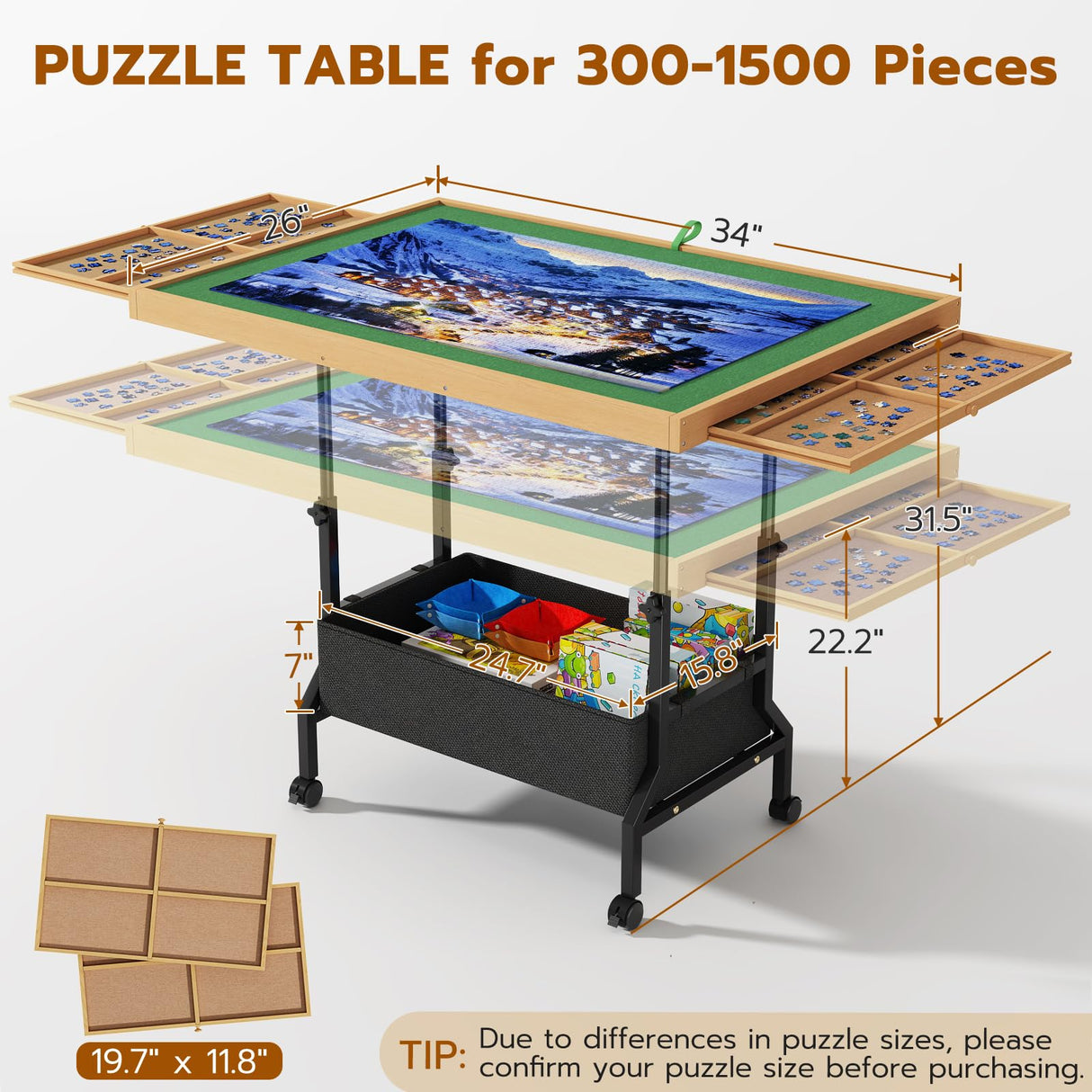 upvercy 4-in-1 Adjustable & Tilting & Rolling & Storage Puzzle Table with 2 Large Drawers, 1500 Piece Puzzle Board with Legs, Cover, Fabric Drawer- 34" x 26" Puzzle Table for Adults & Enthusiasts upvercy