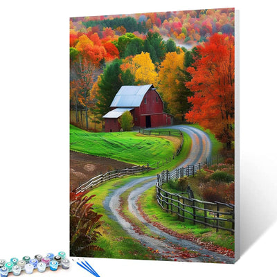 Autumn Mountain Forest Paint by Numbers Kits 16x20 inch Canvas Wooden House DIY Oil Painting for Kids, Adults Beginner America Bucolic Farm Artwork with Brushes, Girl Boy Landscape Gift(Frameless)
