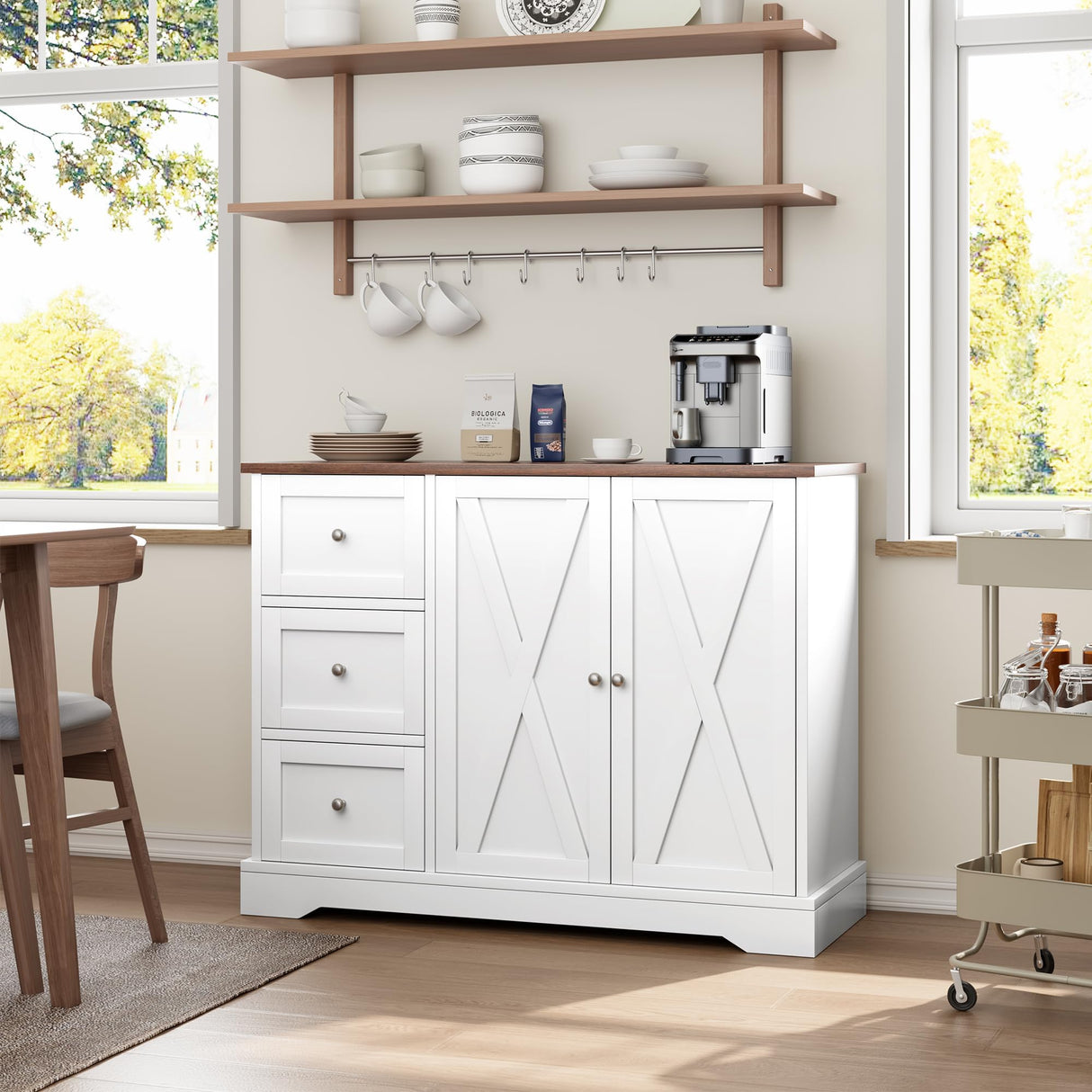 GarveeHome Buffet Cabinet with Storage, Farmhouse Kitchen Cabinet with 3 Drawers and 2 Doors for Kitchen, Dining Living Room, White GarveeHome