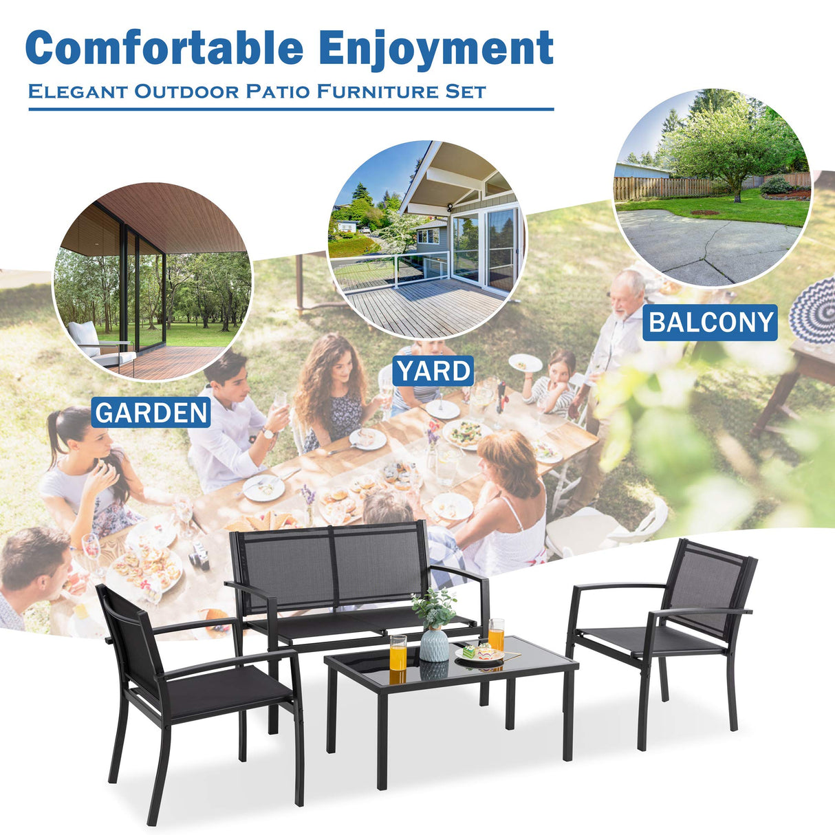 Vongrasig 4 Pieces Patio Furniture Sets,Outdoor Patio Conversation Sets with Glass Coffee Table, Small Porch Balcony Furniture, Patio Table and Chairs Set for Garden, Backyard (Black) Vongrasig