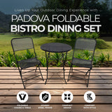 Four Seasons Courtyard Padova 3 Piece Bistro Outdoor Backyard Dining Set with 2 Folding Chairs and Round Table Furniture for Patios or Decks, Black Four Seasons Courtyard