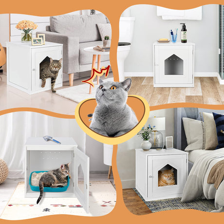 ZENY Cat House & Side Table, Pet Cat Litter Box Enclosure with Vent Holes, Wooden Enclosed Cat Washroom, White ZENY