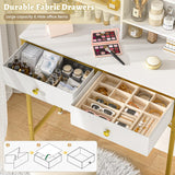 Makeup Vanity Desk No Mirror for Bedroom, Vanity Table Set with 2 Drawer and Open Storage Shelves, Small Vanity for Small Spaces, White and Gold, 31.5in(L) ThreeHio