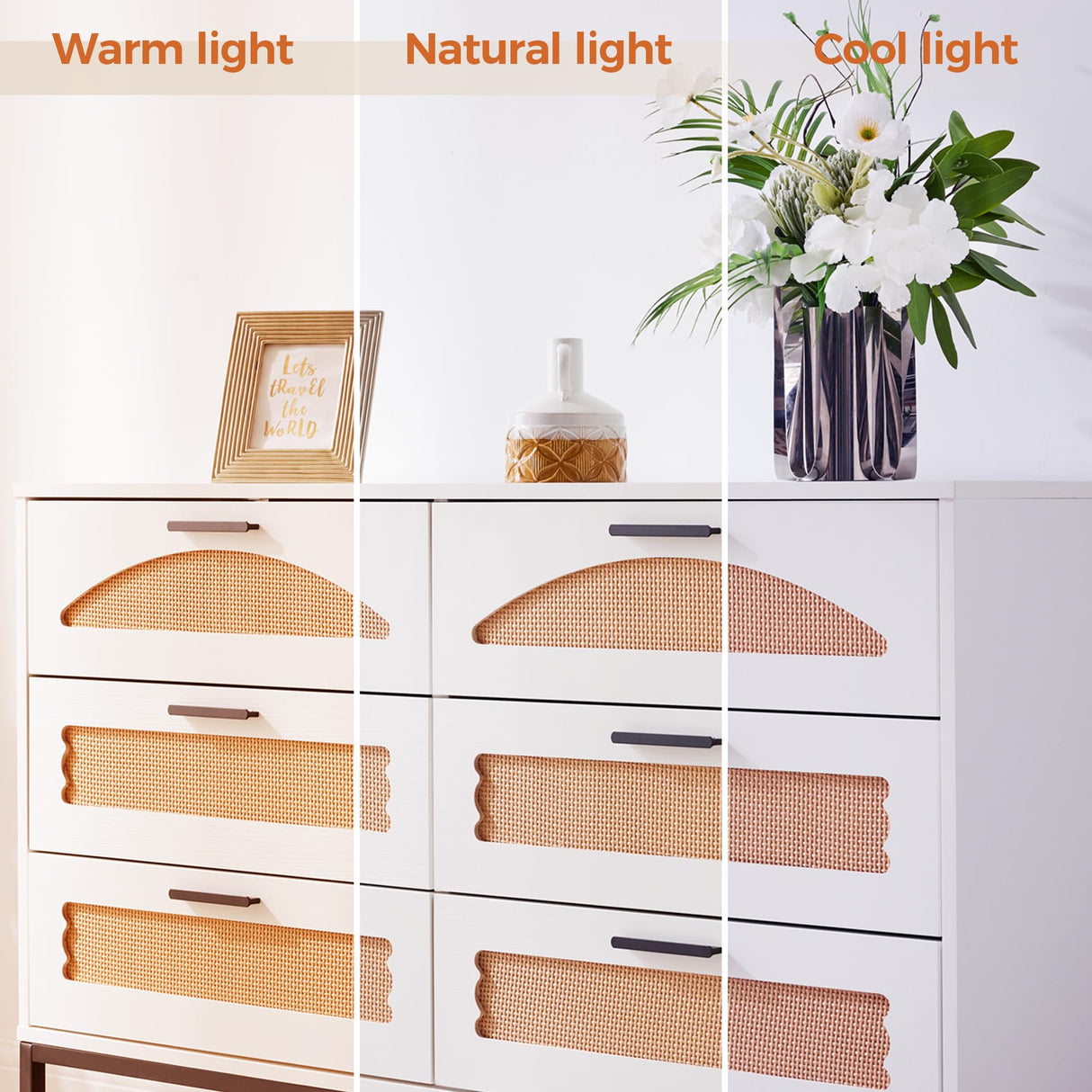 Mericonia 6 Drawer Double Dresser for Bedroom, Rattan Chest of Dressers, Modern Wooden Dresser Chest with Golden Handles for Bedroom,Living Room, Hallway and Entryway Mericonia