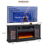 JXQTLINGMU Fireplace TV Stand for 80 Inch TV, Farmhouse Highboy Entertainment Center w/LED Lights & 36" Electric Fireplace, Large Media Console w/Glass Door Cabinet & Storage Drawer, Black JXQTLINGMU