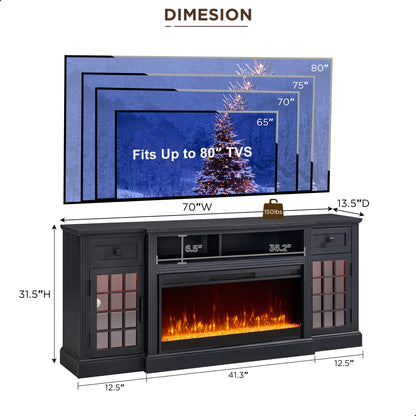 JXQTLINGMU Fireplace TV Stand for 80 Inch TV, Farmhouse Highboy Entertainment Center w/LED Lights & 36" Electric Fireplace, Large Media Console w/Glass Door Cabinet & Storage Drawer, Black