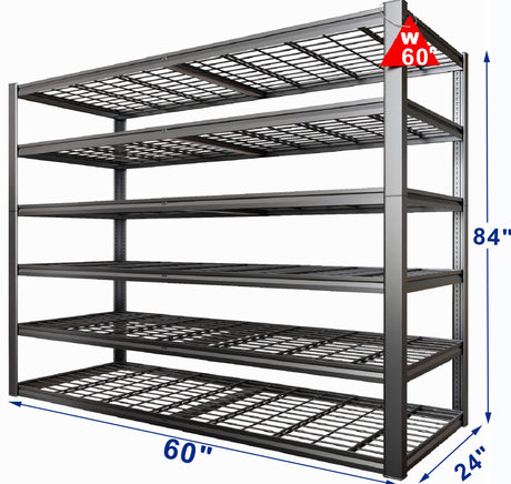 PMKES 60" Wide Heavy Duty Garage Shelving Adjustable 6 Tier Garage Storage Shelves 3900LBS Metal Shelving Unit Industrial Utility Shelf, 84" H x 60" W x 24" D PMKES