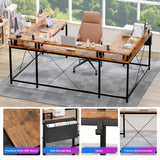 Jojoka U Shaped Computer Gaming Desk, Reversible L Shaped Desk with Power Outlets, LED Strip & Monitor Stand, Large Corner Desk with Storage Shelves for Home Office, Rustic Brown Jojoka