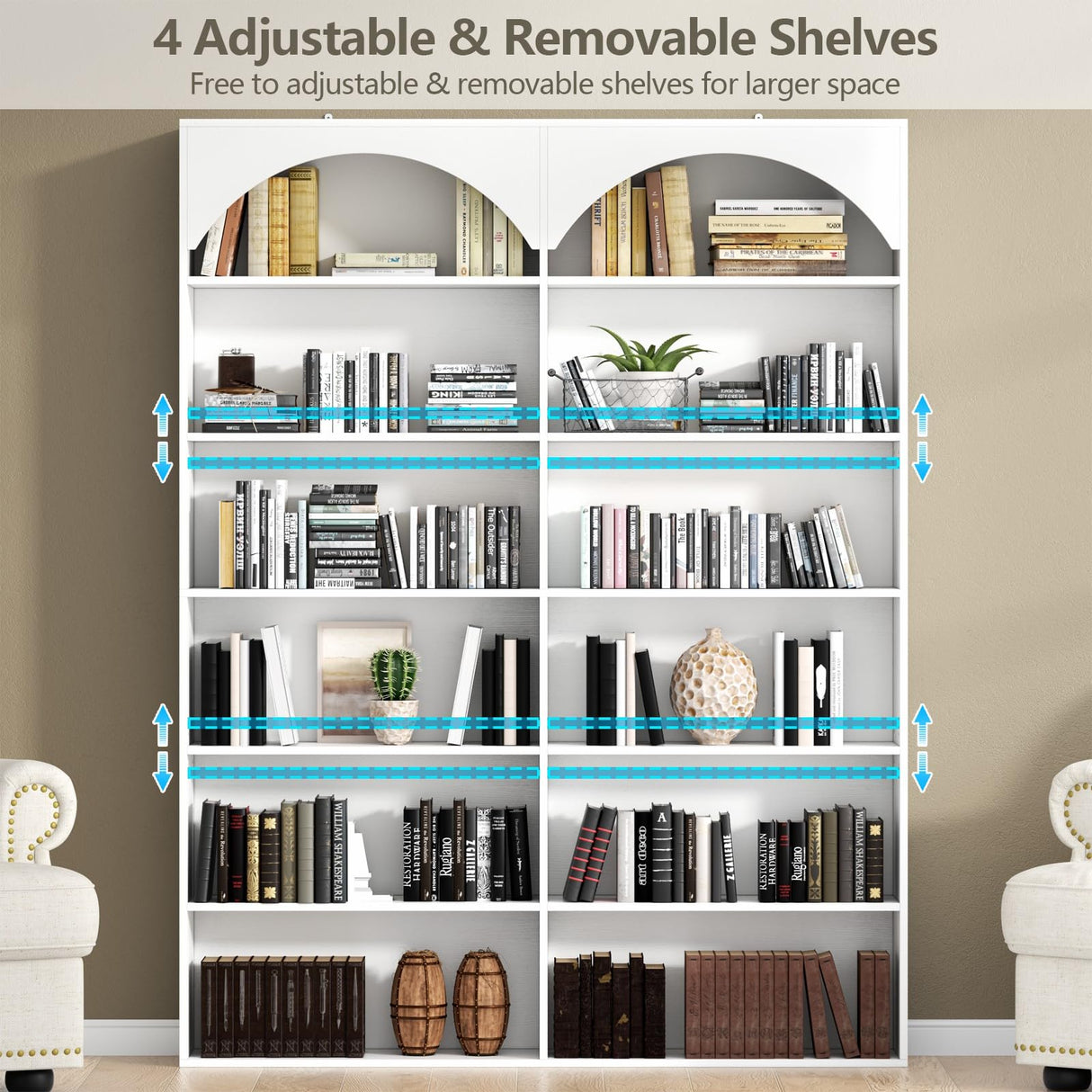 Gyfimoie 70.8’’ Tall Bookshelf and Bookcase, 7-Tier Double Wide Bookcase Modern Large Open Display Shelves with Curved Baffle for Home Office Living Room (White) Gyfimoie