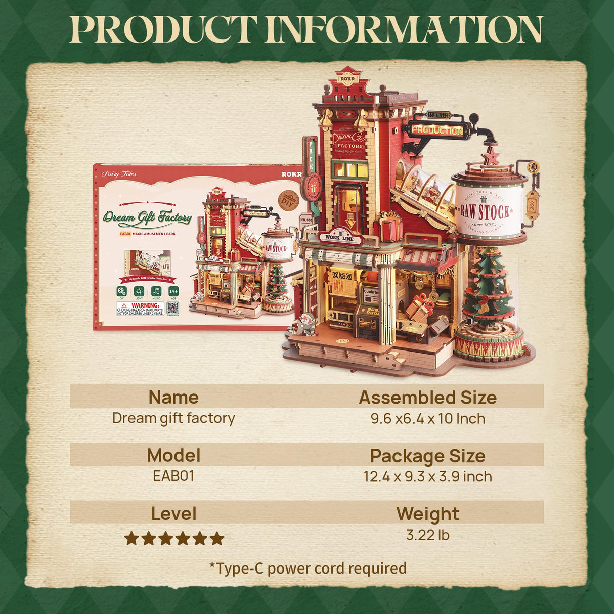 ROKR 3D Puzzle for Adults Christmas Style Dream Gift Factory Wooden Model Kit Luminous Factory DIY Dollhouse Kit Building with Music, Lights and 5 Elves for Teens & Kids ROKR