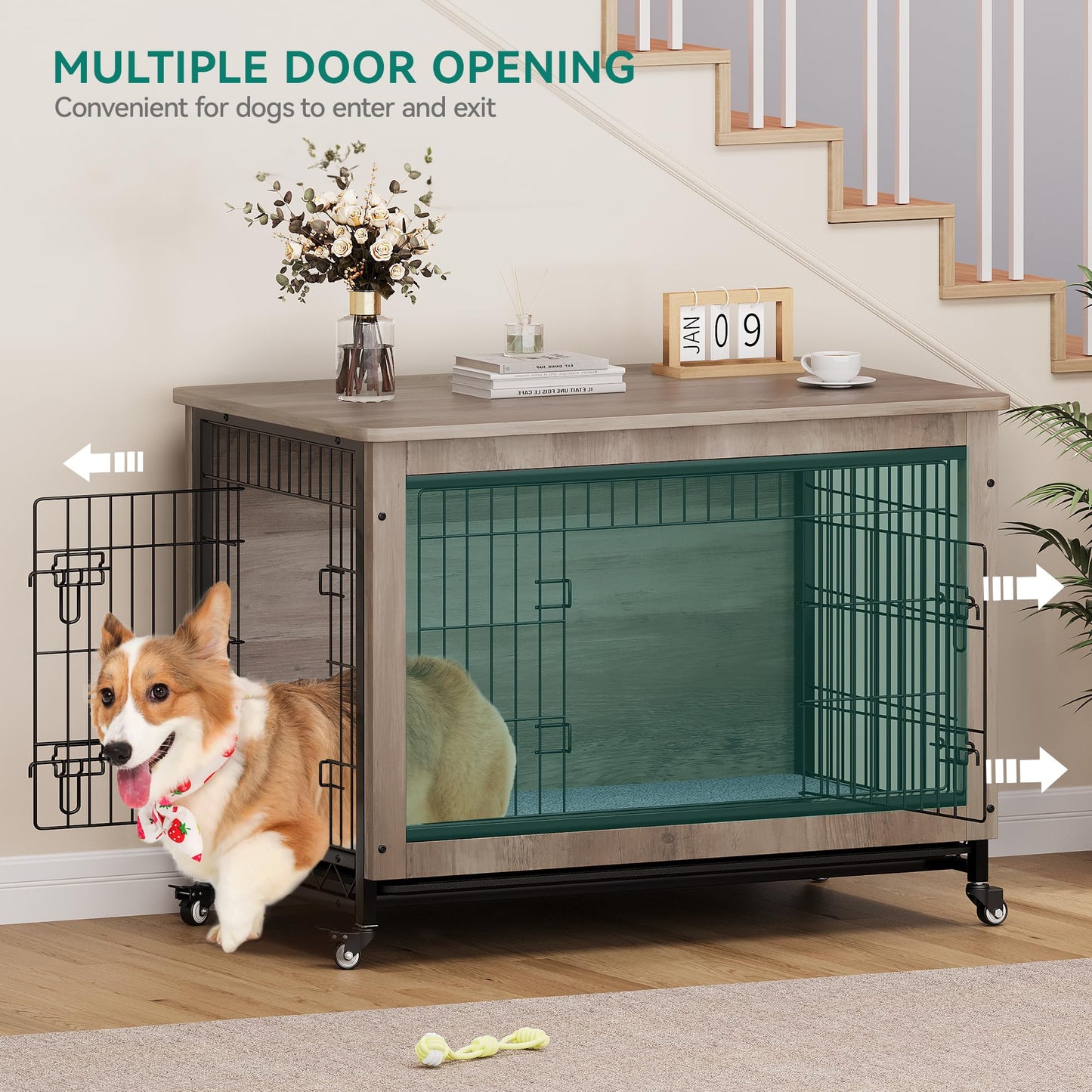 YITAHOME Dog Kennel Furniture with Wheels, Wooden Dog Crate Furniture with Cushion, Dog Crate End Table with Tray, 38" Dog Cage with Double Doors for Small/Medium Dog (Gray)