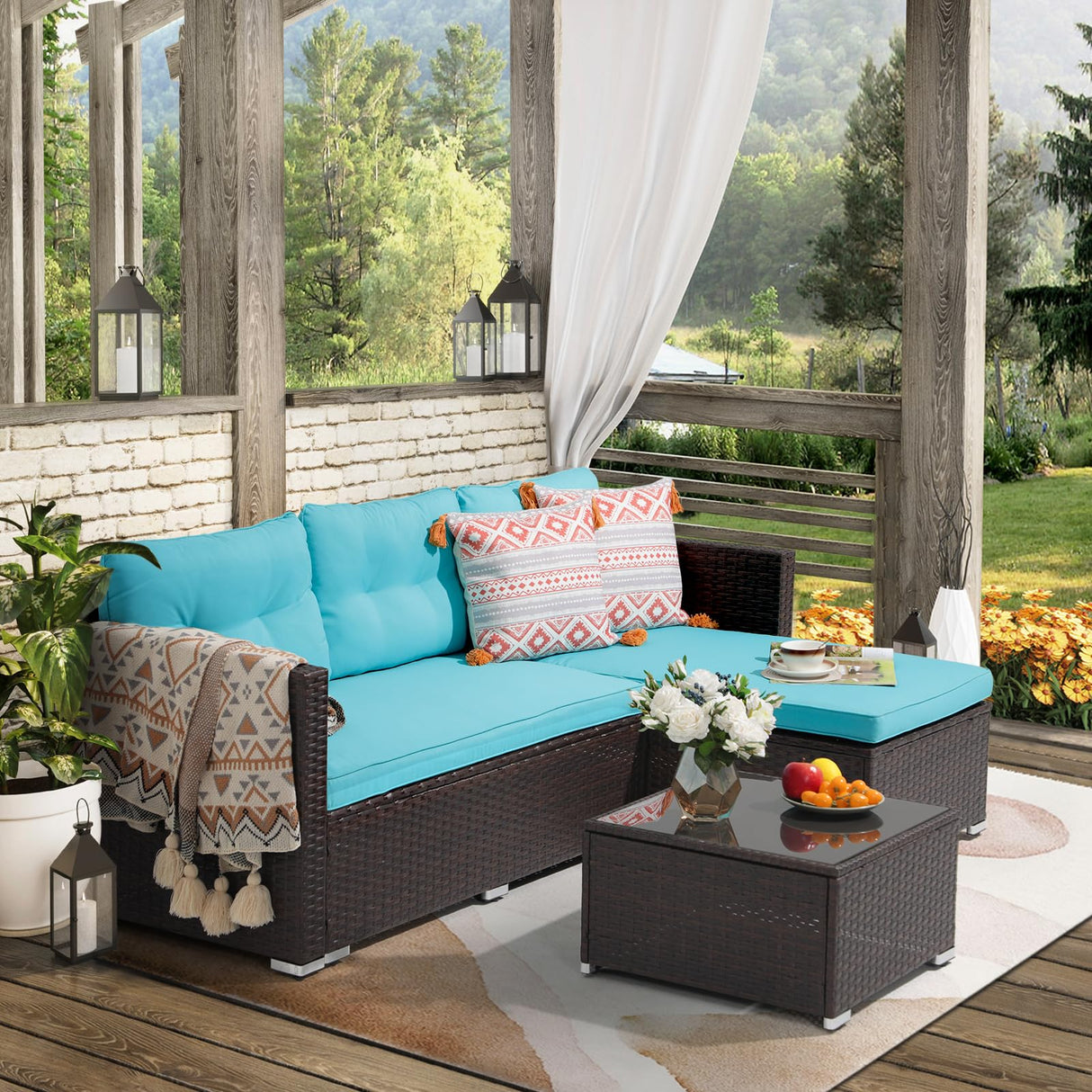 JOIVI Outdoor Wicker Sectional Furniture Set, 3 Piece Patio Furniture with Tempered Glass Coffee Table, Turquoise JOIVI