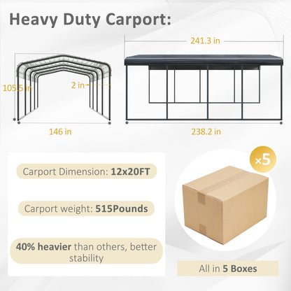 VEIKOU 12' x 20' Carport, Upgraded Steel Carport Garage, Outdoor Car Port Car Shelter Carport Canopy for SUV, Truck, Boat, Grey