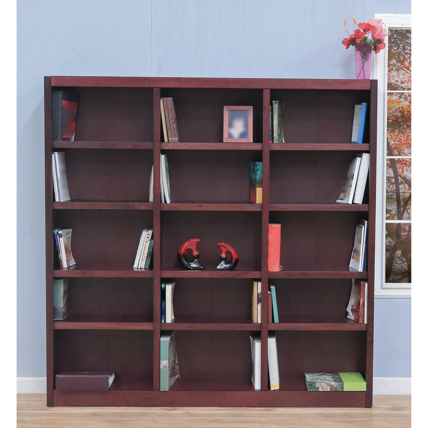 Traditional 72-Inch Triple Wide Wood Bookcase with 15 Adjustable Shelves in Cherry Finish - WoodArtSupply