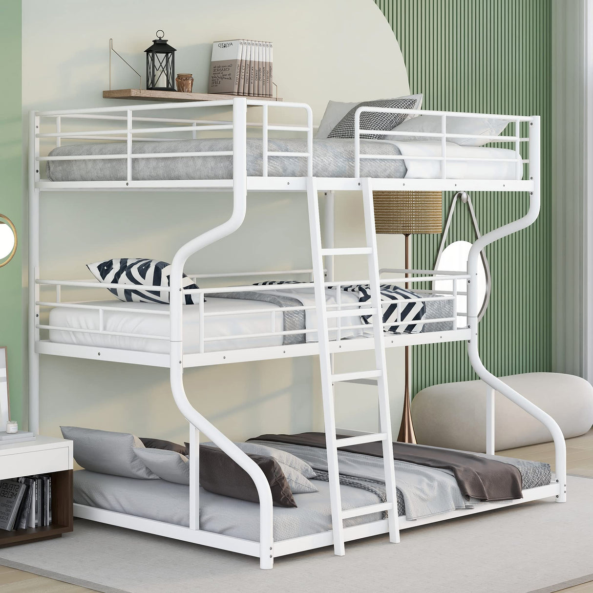 Metal Triple Bunk Beds, Full XL over Twin XL over Queen Bunk Beds for 3, Modern Style Heavy-Duty Steel Frame Bunk Bed with Safety Rail, Built-in Ladder for Bedroom, Dorm, Kids, Teens, Adults (White) Harper & Bright Designs