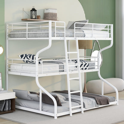 Metal Triple Bunk Beds, Full XL over Twin XL over Queen Bunk Beds for 3, Modern Style Heavy-Duty Steel Frame Bunk Bed with Safety Rail, Built-in Ladder for Bedroom, Dorm, Kids, Teens, Adults (White)