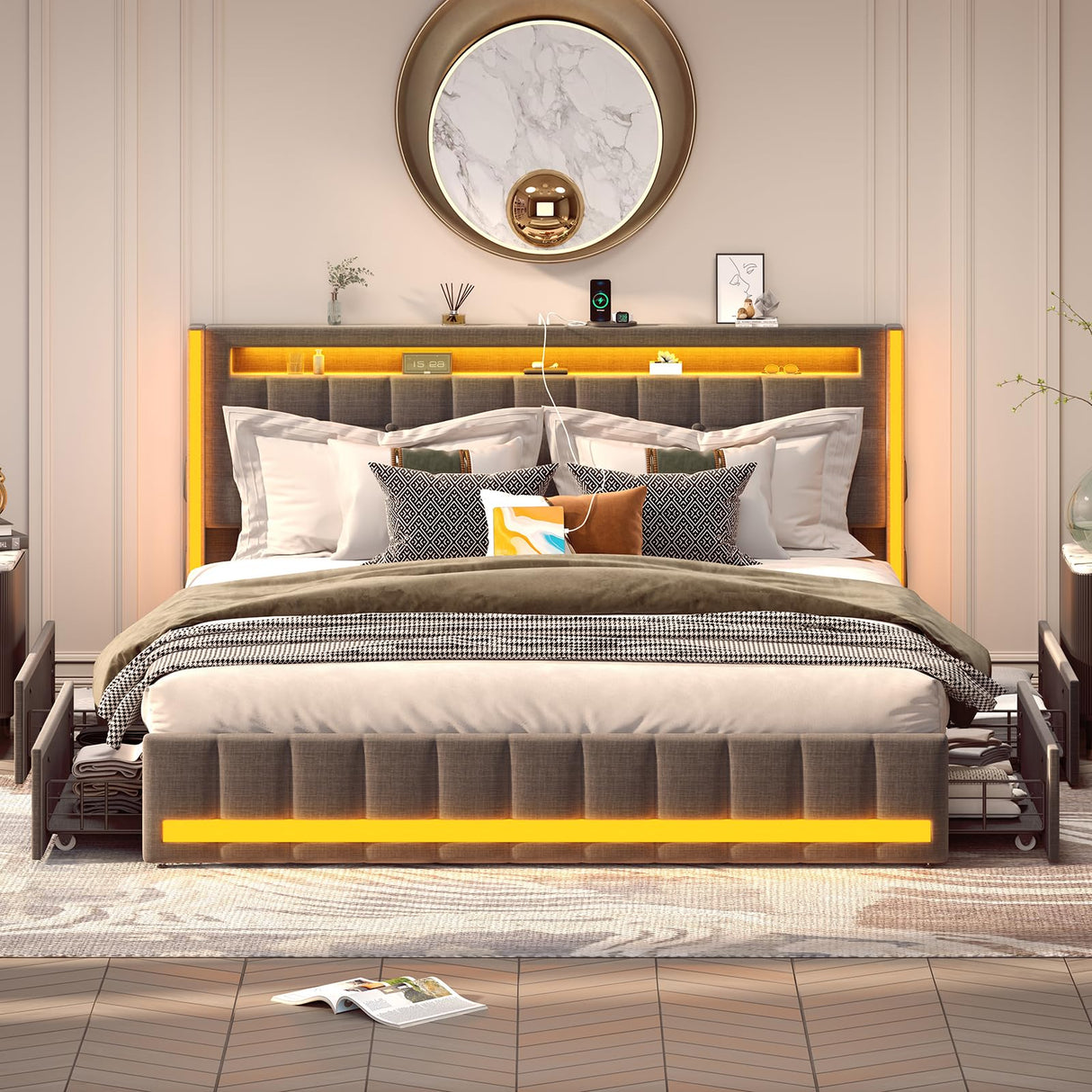 CSZZD Dark Grey Queen Bed Frame with LED Lights, Charging Station & 4 Storage Drawers CSZZD