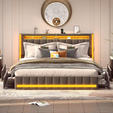 CSZZD Dark Grey Queen Bed Frame with LED Lights, Charging Station & 4 Storage Drawers CSZZD
