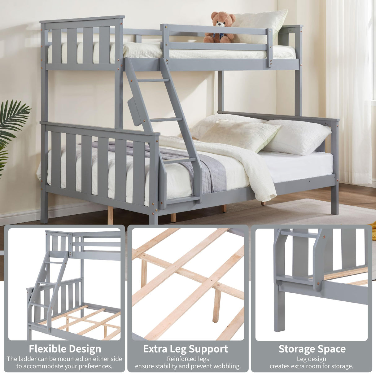 FLEXISPOT Twin Over Full Bunk Bed with Flexible Ladder,Kids Solid Wood Bed Frame,Strong Wooden Slats, Non-Toxic Finishes, No Box Spring Needed,Grey FLEXISPOT