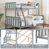 FLEXISPOT Twin Over Full Bunk Bed with Flexible Ladder,Kids Solid Wood Bed Frame,Strong Wooden Slats, Non-Toxic Finishes, No Box Spring Needed,Grey FLEXISPOT