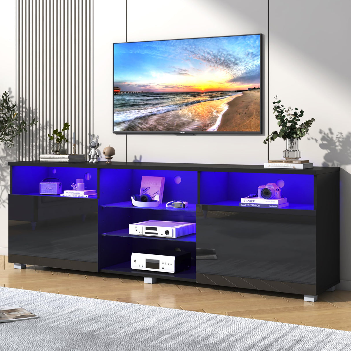 Vinctik 6&Fox Modern LED 70 inch TV Stand for 75/80 inch TV,High Glossy TV Entertainment Center with Storage Drawer,TV Stands for Living Room,APP RGB Light,Smart Modern TV Cabinet(71in Black) Vinctik 6&Fox