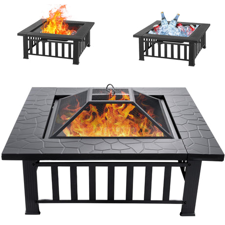 EcoNook 32 inch Fire Pit, Square Outdoor Fire Pit Table with Spark Screen & Fire Poker, 3-in-1 Multipurpose Firepits for Outside, Fireplace for Yard, Garden, Patio EcoNook