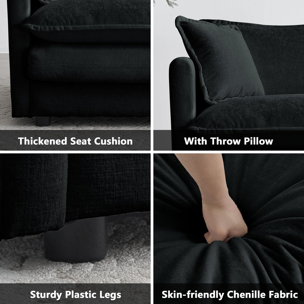 mikibama Luxury 2 Piece Cloud Couches Set, Modern Upholstered Chenille 3 Seater and Loveseat Sofa Set with 9 Pillow for Living Room Bedroom Office Apartment, Black mikibama