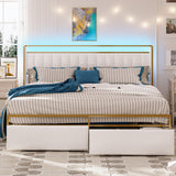 LIKIMIO Queen Bed Frame with Armrests Headboard & RGB Light, Upholstered Queen Size Bed Platform with Drawers, No Box Spring Needed, Study & No Noise, Modern Gold and White LIKIMIO