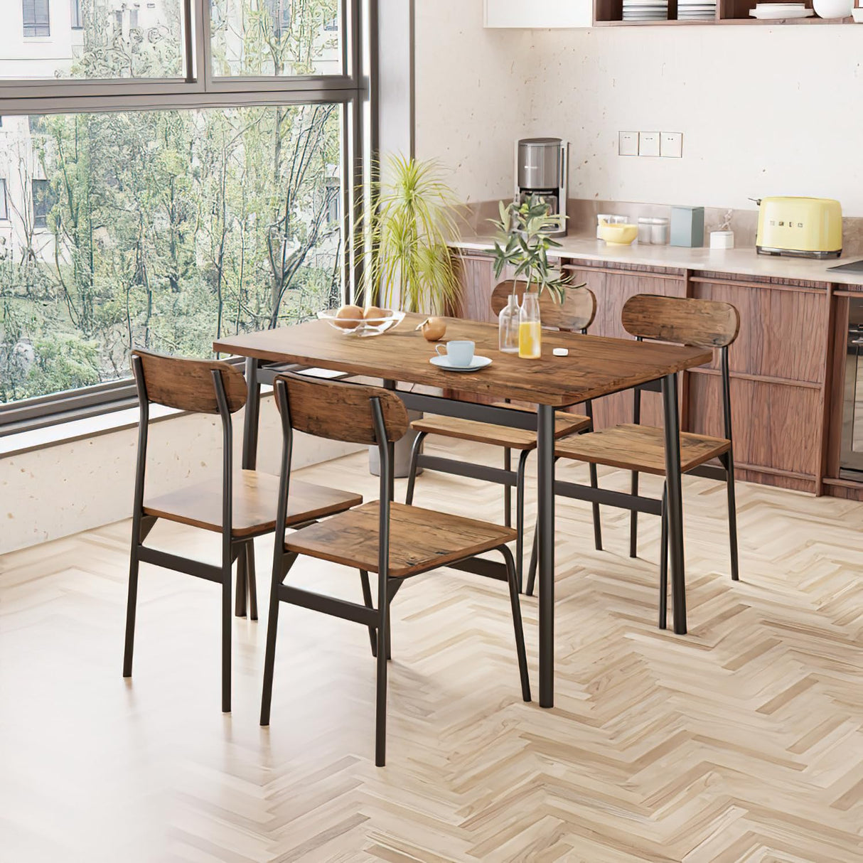 furlinkhm Kitchen Dining Table Set for 4, Modern Rectangular 5 Piece Dining Room Table and Chairs Set, Brown Wooden Metal Table Set for Family Dinner, Party, Afternoon Tea and Work (Oval) furlinkhm